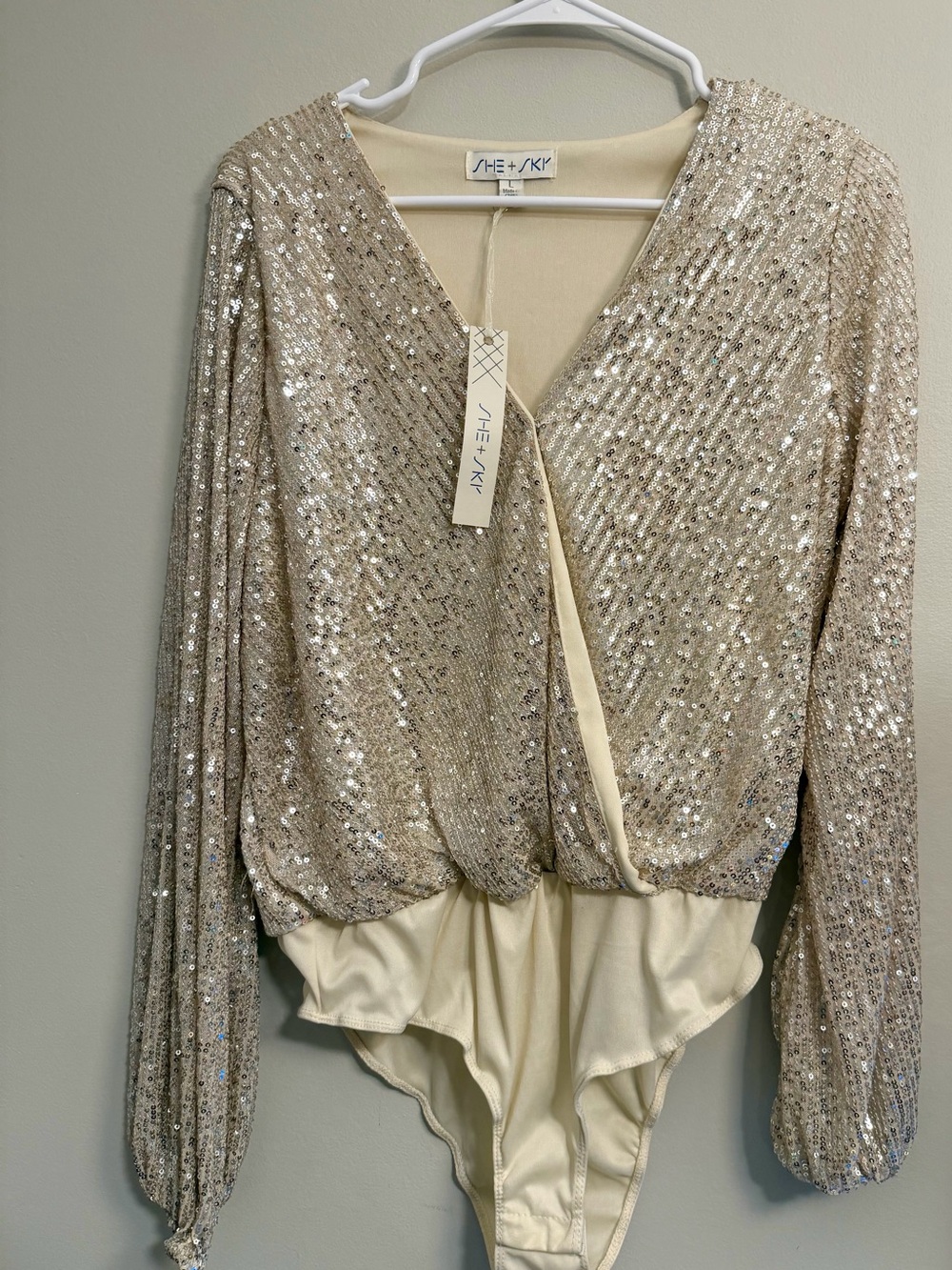 She + Sky Champagne Sequin Wrap Bodysuit Size L NWT